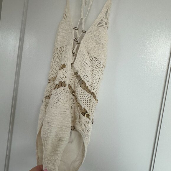 Jets One Piece Swimsuit Cotton Crochet Lace-Up Cut-out Ring Details Sz 6 - Picture 4 of 10